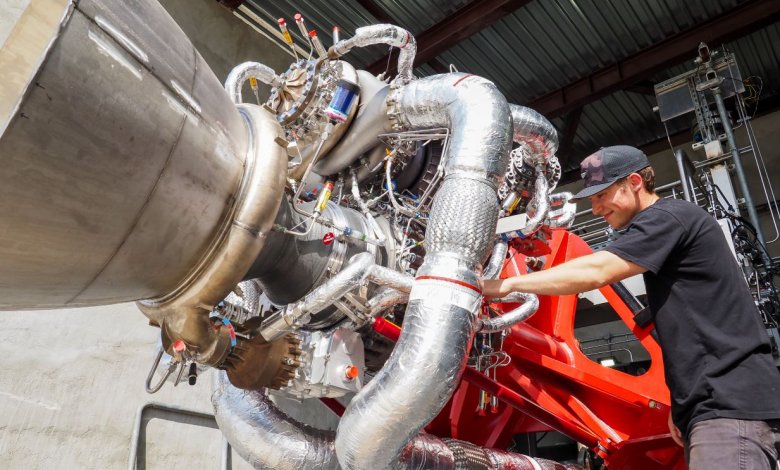 Neutron's Archimedes rocket engine on the test stand at the Archimedes Test Complex at NASA’s historic Stennis Space Center in Mississippi.